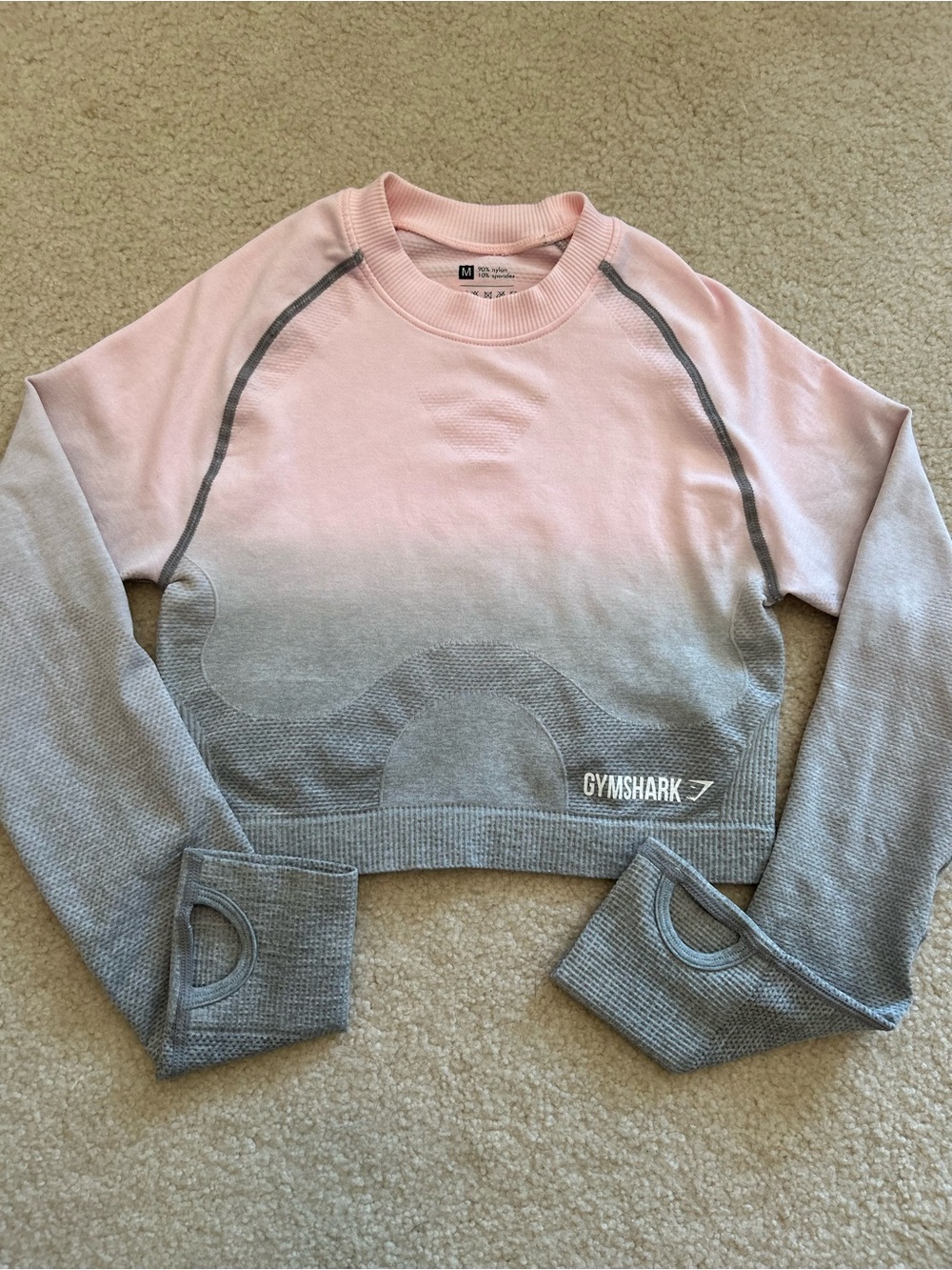 Gymshark Pink to Gray Ombre Long Sleeve Crop Top With Thumbholes Sz S/M